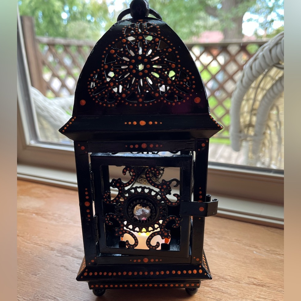 Handpainted Metal Black and Orange Decorative Lantern - Picture 8 of 8